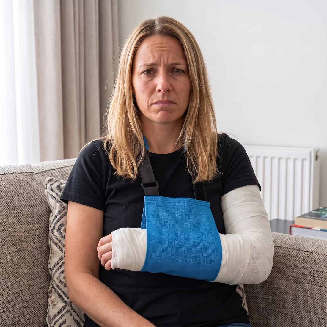 Woman seated on a sofa with a plaster of Paris forearm slab in a blue sling, looking uncomfortable