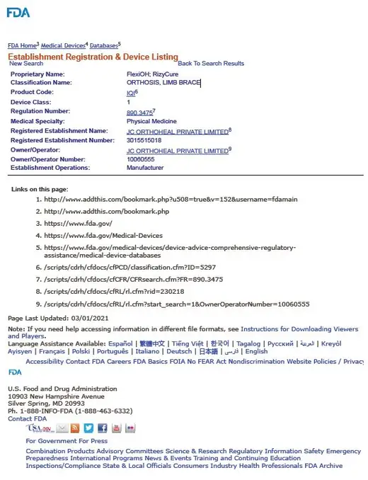 US FDA listed certificate