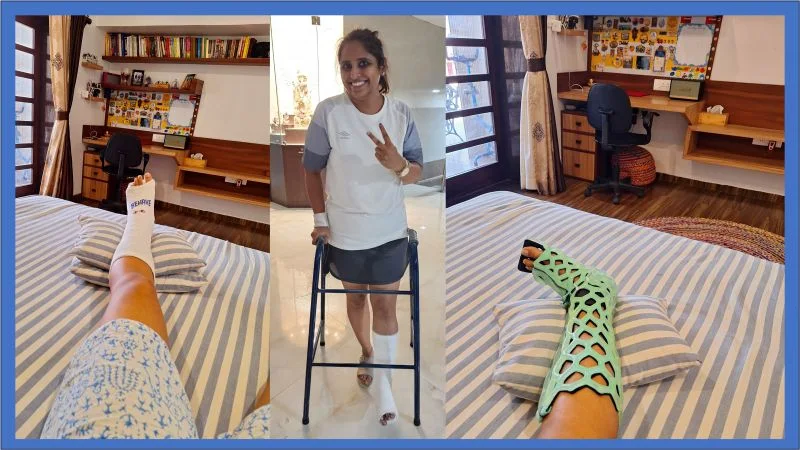 A patient in a FlexiOH short leg immobilizer, resting and walking with a frame