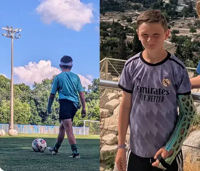 Boy playing football wearing a FlexiOH arm immobilizer